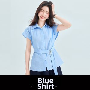 STARMAGNOLIA | Waist Accentuating Blue Commuter Shirt Short Sleeves