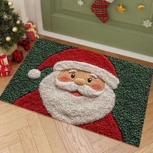 VIKAMA Christmas Entry Mat Santa Claus Face Green Background Print Washable Mat For Front Door Porch Entry Home Decor