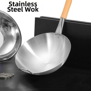 Vintage Style Stainless Steel Wok Single Wood Handle Cooking Pan