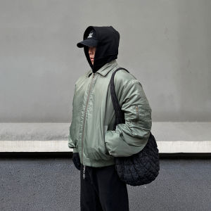 Áo Khoác Bomber Mỹ Màu Xanh Lam Cổ Bẻ Ngắn Cho Nam Áo Khoác Cotton Thường Ngày Mùa Đông Ấm Áp Phong Cách Mỹ Thường Ngày