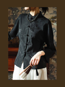 Casual Slim Fit Chinese Style Shirt for Women Polyester Blend with Spandex Long Sleeve Crewneck Top for Apparel