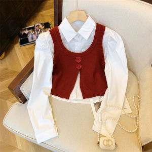 เสื้อเชิ้ตคอโปโลแขนยาวผู้หญิงสไตล์ย้อนยุคสไตล์วิทยาลัย ชุดสองชิ้นพร้อมเสื้อกั๊กถักลายดอกไม้ 3 มิติ ผ้าโพลีเอสเตอร์ 100%