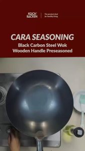 KOCH&BACKEN Wajan Gagang Kayu Preseasoned Black Carbon Steel Wok 36cm - Wajan Kuali Penggorengan Anti Lengket Bahan Baja
