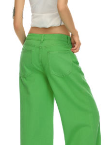 QIAOMIDUO | Spring Autumn Thin Colorful High Waist Womens Jeans Dopaamine Green Wide Leg Pants Floor Length Candy Color Casual Style