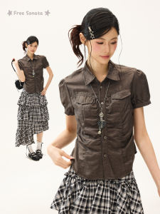 Ruffled Waist Bubble Sleeve V Neck Short Style Y2K Shoulder Tee Shirt