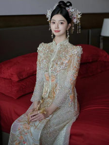 Gold Chinese Style Wedding Dress Xiu Xuefu New 2025 Elegant Bride Gown Vintage Style Polyester Fiber Seven Sleeve Length