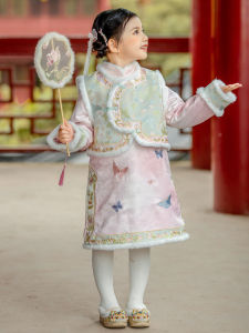 Thickened Cotton Childrens Cheongsam Set Winter New Style Girls Traditional Hanfu New Year Visit Costume Mid-Length Long-Sleeve