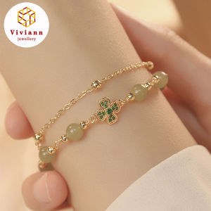 Viviann Original Hetian Jade Bracelet Double Layer Four Leaf Grass Gold Bracelets Green Jade Green Beaded Bracelet For Men Women Fashion Handmade Gemstone Jewelry Gifts Charm Gold Bangles