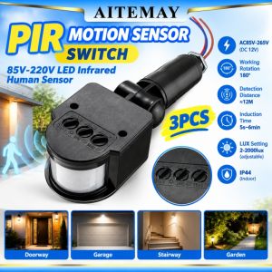 Aitemay 3 cái chuyển động PIR Công tắc cảm biến ac85v 265V có thể điều chỉnh thời gian cảm biến ánh sáng Bộ cảm biến hồng ngoại cho Đèn LED Đèn Trần Đen