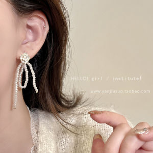 Elegant Pearl Tassel Camellia Earrings Womens Fashion New Style Fresh out Handmade Jewelry Pearl Shell Floral Pattern