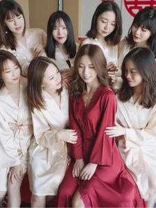 Morning Gowns Bridesmaid Sisters Bride Wedding Womens Wedding Nightgown Long Sleeves Ice Silk Classy Artificial Silk Pajamas Red