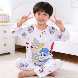 Summer Childrens Sleepwear Cotton Silk Thin Home Clothes Set Cartoon Long Sleeve round Neck Home Comfortable Breathable Cool