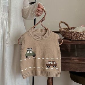 2025 New Childrens Knitted Sweater Spring Autumn Outwear Baby Boy Vest Cartoon Car Design Rabbit Fur 100% Slim Fit Striped