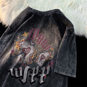 American Retro Pure Cotton Short-Sleeved T-shirt Mens Washed Distressed Street Tide Brand Loose Heavy Weight round Neck Couples Tops