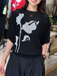 UYFY | Loose Casual Fashion Womens Round Neck Short Sleeve T-shirt Summer New Style Black Stripe Print Top Comfortable Breathable