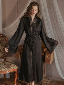 Good Morning Lace Long Wedding Robe for Women Black Silk Sleepwear Summer Bathrobe Bridal Gown Elegant Simple Style All Seasons