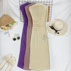 Fashion Style Versatile Half-High Collar Ruched Sleeveless Waist Slim Looking Base Narrow Side Split Dress Long Dress for Women