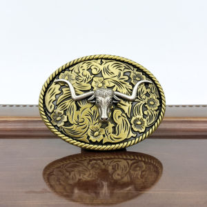 1PC Retro Carved Oval Large Plate Buckle Baseboard Long-horned Bull Head Pattern Casual Versatile Belt Accessory