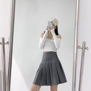 กระโปรงจีบรอบผ้ายืดเอวยางยืดสำหรับผู้หญิงวัสดุชุดสูทแบบยาวพิเศษสำหรับคนตัวสูงกระโปรงกางเกงทรงเอเอวสูงสไตล์เพรพพี้ JK กระโปรงสั้น