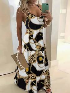 Printed Design Gold Chain Leopard Print Black White Spaghetti Strap Maxi Dress