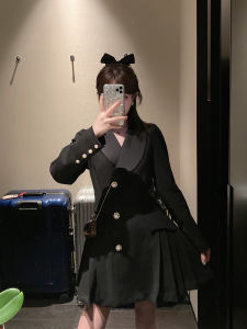 Black Suit Dress Womens Spring Turn-down Collar A-line Waist-cinched Pleated Hepburn Style Suit Skirt Short Size Business Dress