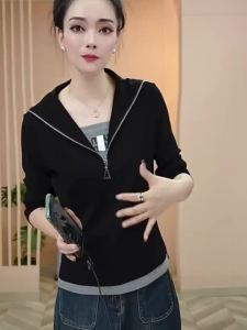 Slim Black Womens Half-zip Layered Long-sleeve Hoodie