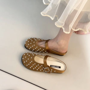 FANGXI | Pearl Round Toe Flat Mary Jane Mules