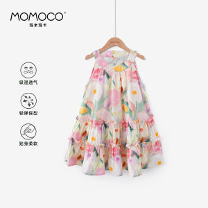 MOMOCO Girls Summer Cotton Beach Dress Stylish Floral Print Sweet Style Sleeveless Midi Skirt Soft Comfortable Breathable