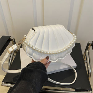 Fashionable Pearl Casual Crossbody Bag Shell Shape Womens Handbag Summer New Arrival Pearl Detail Soft PU Leather Mini Size