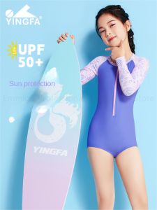 Yingfa cô gái bảo vệ khỏi tia UV Rashguard Áo tắm một mảnh bạn gái tuổi teen UPF50 + Tím dài tay áo beachwear với dây kéo