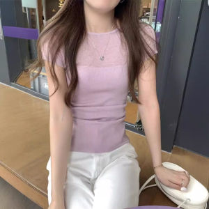 Áo Thun Dệt Kim Ice Silk Dáng Ôm Tay Ngắn Mùa Hè Cho Nữ Áo Thun Cổ Tròn Màu Tím Pháp Áo Thun Thường Ngày Thoải Mái Thoáng Khí