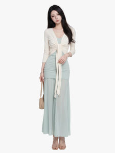 qiaocong | Elegant French Style Mesh Splicing Tied Waist Long Skirt Summer