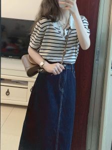 Retro Striped Loose Polo Neck Short Sleeve T-Shirt Knitted Sweet And Spicy Girl Summer Top Business Casual Thin Fabric Regular Sleeve