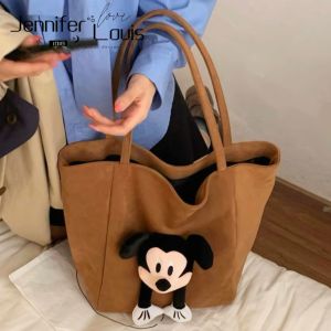 JENL Vintage Cartoon Large Capacity Tote Bag with Mickey Doll Cute Travel Shoulder Suede Bag for Laptop