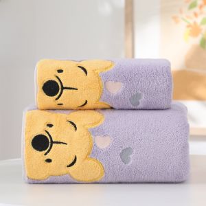 Soft Absorbent Coral Fleece Towel Bath Towel Set with Embroidered Winnie the Pooh Design Face Wash Towels for Couples Home Use