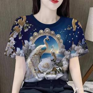 เสื้อสงกรานต์2568 รูปแบบนกยูงที่เป็นมงคล เสื้อยืด oversize เนื้อผ้าซับเหงื่อ เสื้อสงกรานต์