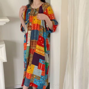 New 2024 Womens Cotton Silk Cheongsam Dress Summer Style Home Clothes Outdoor Wearable Floral Print round Neck Short Sleeve