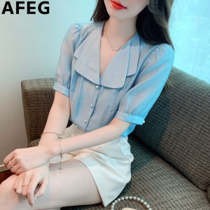 AFEG solid color Korean version lapel fashion loose temperament chiffon bubble sleeve blouse for women