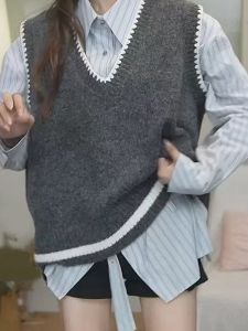 Steykeen Girls Knitted Vest Sleeveless OuterwearUnique Stylish Trendy College Student Style Grey V-Neck Tight Fit Sweater Top