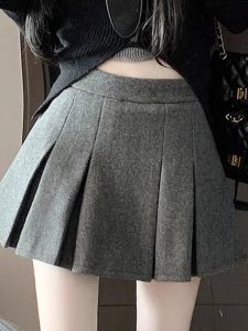 Gray Woolen Mini Skirt Womens Autumn Winter New High Waist Anti Exposure Small Size A-Line Wrap around Pleated Short Skirt