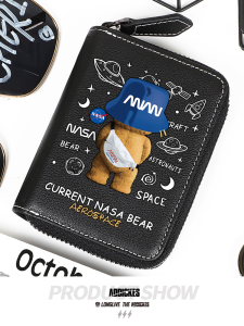 NASA Collaborative Trendy Bear Large Capacity Multi-Card Driving License Leather Wallet for Young Men Stylish Functional Bifold