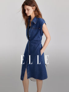 ชุดเดรสยีนส์ผ้าฝ้ายสีพื้นสไตล์ย้อนยุค ELLE สำหรับผู้หญิง ฤดูร้อน 2024 ชุดเดรสยาวปานกลางคอปกแขนกุดทรงเอ