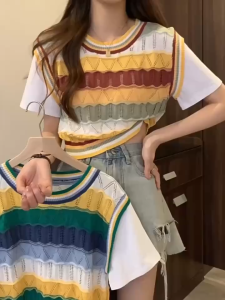 เสื้อยืดผู้หญิงแฟชั่นหน้าร้อน ทูโทนลายทาง แขนสั้น ทรงเข้ารูป เอวลอย เซ็กซี่ ใส่สบาย สไตล์เกาหลี