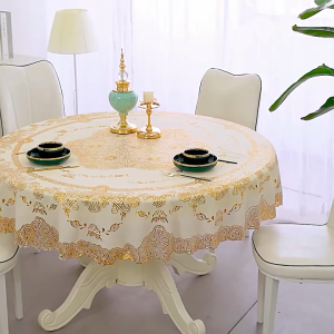 Golden Round Tablecloth Waterproof Oilproof PVC Table Cover for 2/4/6/8 Seats No Slip Table Mat Easy to Clean For Home Kitchen Decoration