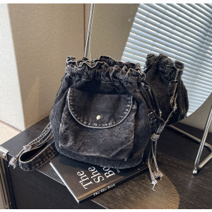 Fashionable Denim Bucket Bag Womens Crossbody Shoulder Bag Drawstring Korean Style Mini Small Size Shopping Bag