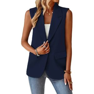 Áo Khoác Cardigan Không Tay Màu Trơn Áo Khoác Ngoài Dài Vừa Phải Không Tay Cổ Bẻ Một Nút Mùa Thu 2024 Áo Khoác Ngoài Thường Ngày