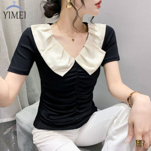 YIMEI Ôm Vừa Và Mỏng Áo Thun Màu Đen Cho Phụ Nữ 2023 Mùa Hè Búp Bê Mới V-Neck Top Tay Ngắn Nhăn Phụ Nữ Xinh Đẹp Của T-Shirt Cotton