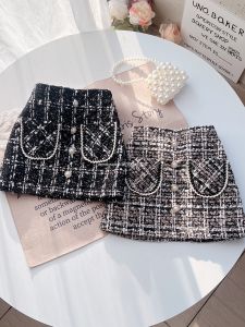 Girl K-style Chanels Style Skirt Fall and Winter Kids Woolen Gingham Short Skirt Little Girl Western Style Fashion Bodycon Dress