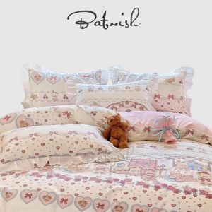 Pure Cotton Four-Piece Set Lace Edged Cartoon Girl Bedding Duvet Cover Sheet Lovely Princess Style Warmth Retention Function