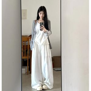 Quần Ống Rộng Bằng Vải Lanh Trắng Cạp Cao Rộng Rãi Dài Đến Sàn Cho Nữ Mùa Hè 2025 Quần Dài Ống Đứng Phong Cách Hàn Quốc